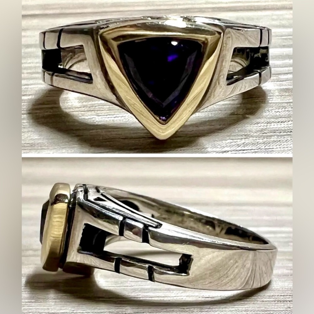 Vintage Designer John Atencio Sterling Silver & 10K Gold Amethyst Ring